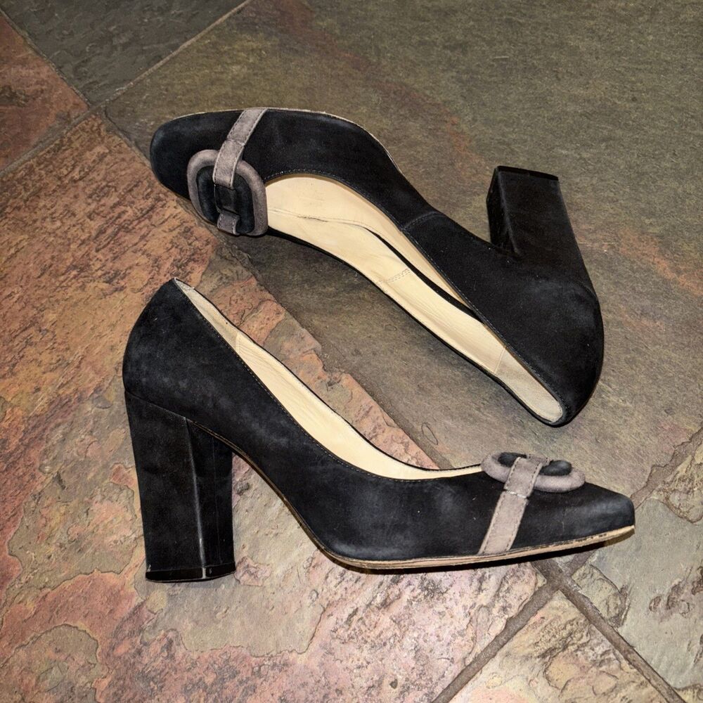 Max Mara black Brown suede buckled pump 38 7.5 Block Heel Square Toe Women
